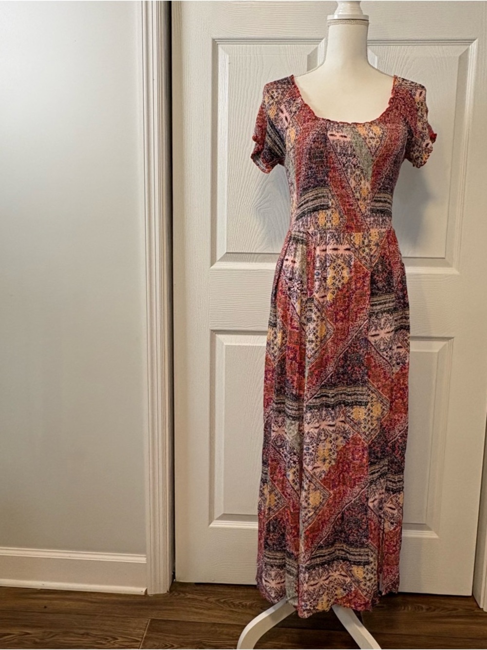 Mystree Boho Patchwork Maxi Dress M Stretch Festival Cottagecore Double Slit